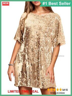 Sequin Mini Dress Deep V Back Tie Crew Neck Short Sleeve Party Club Shift